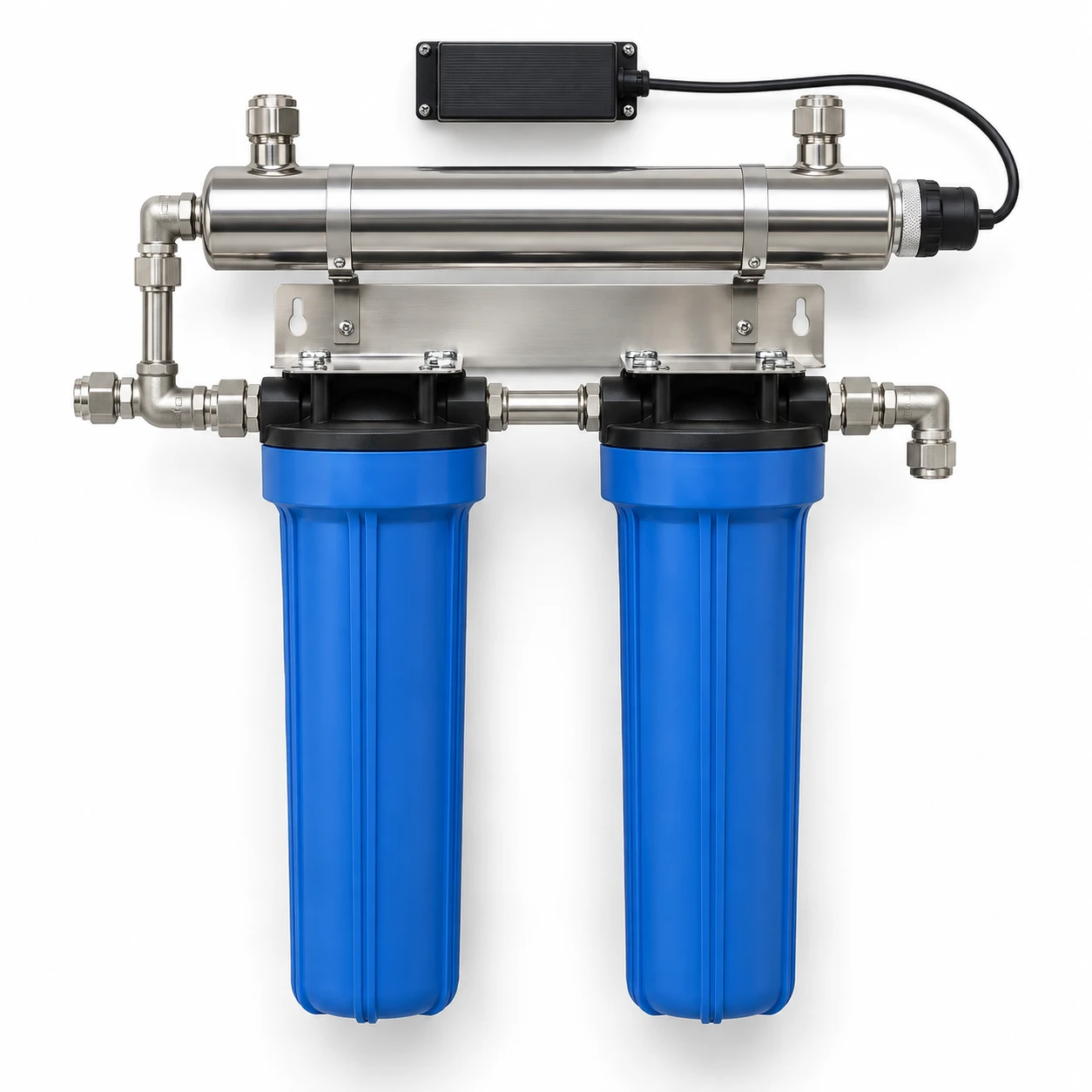 Illustration of unbranded sediment filter housings and a stainless-steel UV chamber