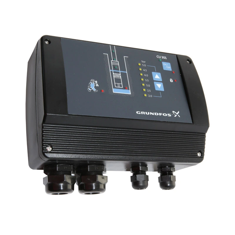 Grundfos CU301 controller with a red indicator beside the service engineer and spanner symbol